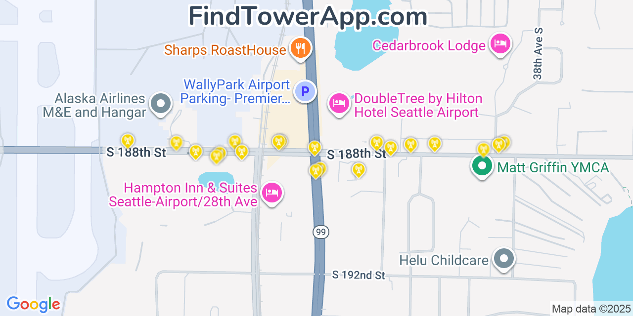Map showing the 20 primary T-Mobile cell tower locations detected in Seatac, Washington with coverage radius and signal strength indicators