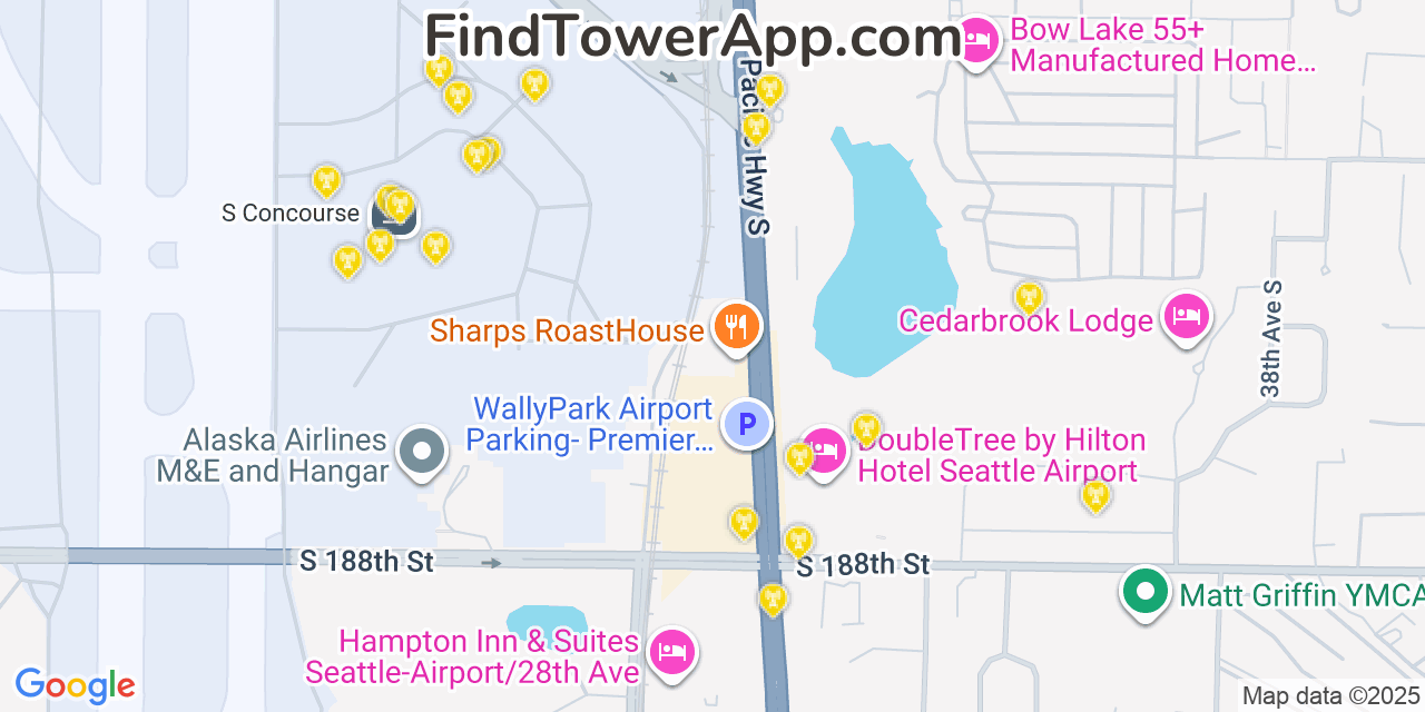 Map showing the 32 primary Verizon cell tower locations detected in Seatac, Washington with coverage radius and signal strength indicators