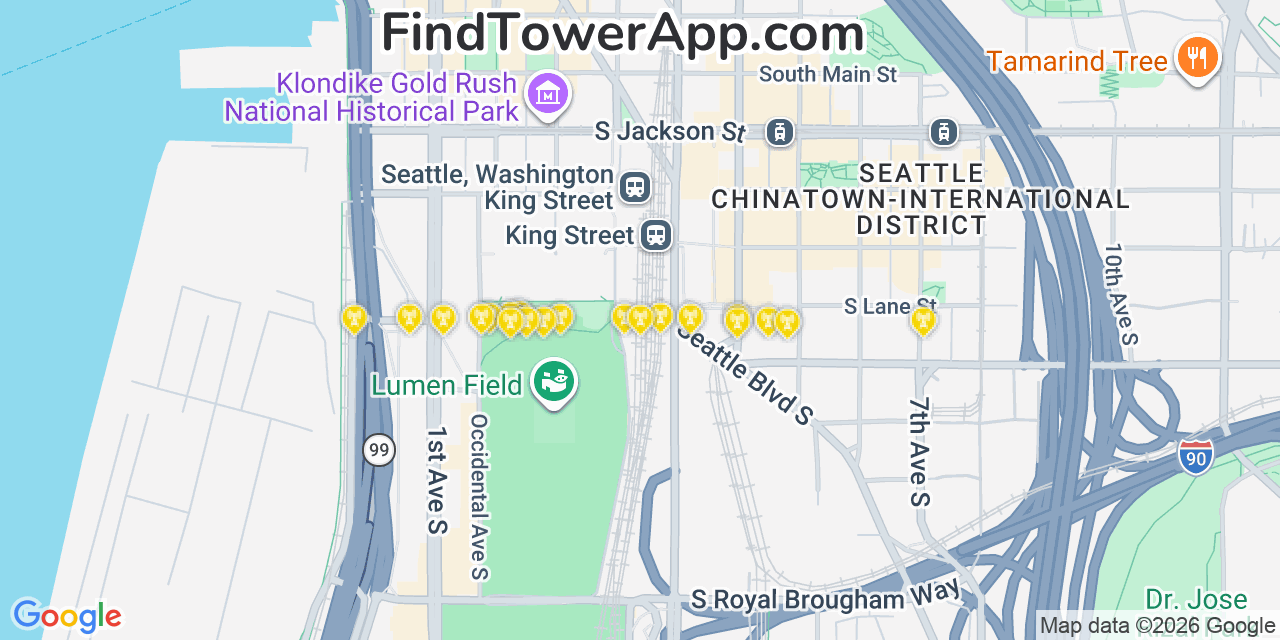 Map showing the 20 primary cell tower locations detected in Seattle, Washington from AT&T, Verizon, and T-Mobile networks