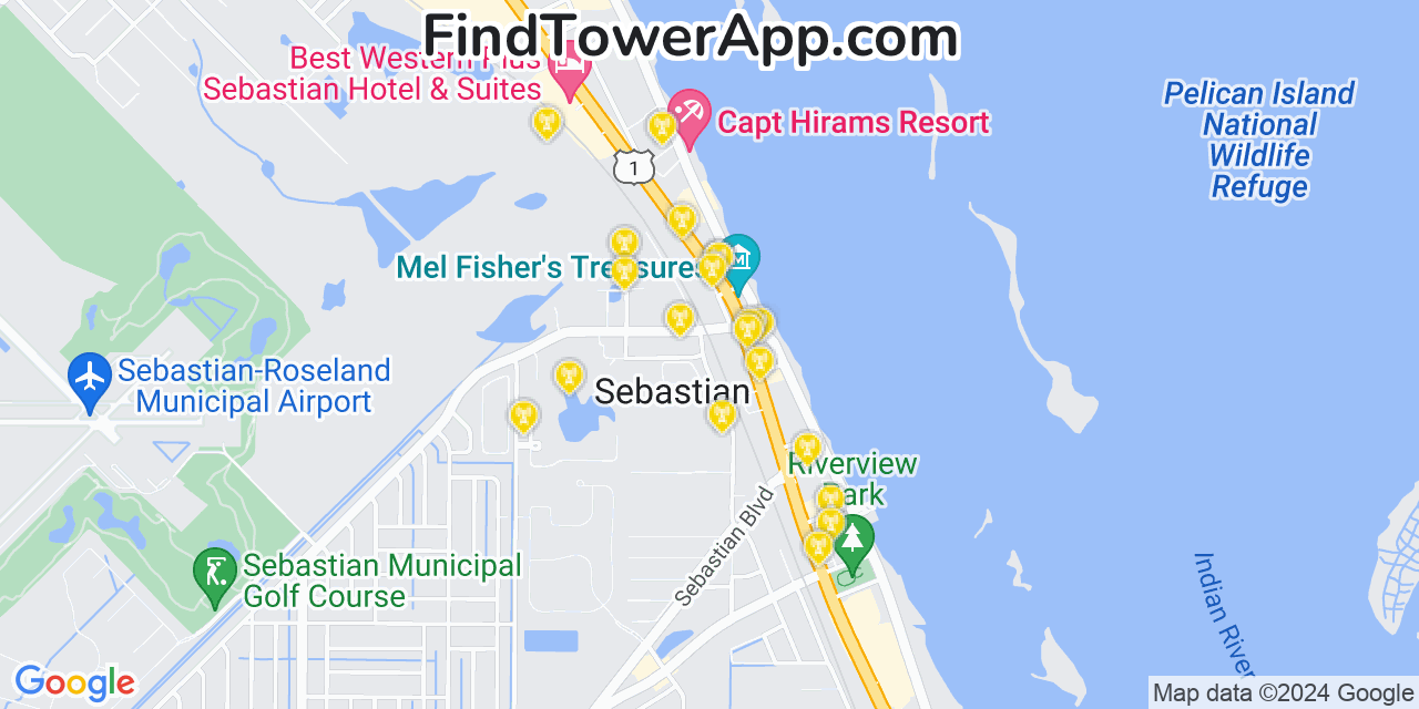 AT&T 4G/5G cell tower coverage map Sebastian, Florida