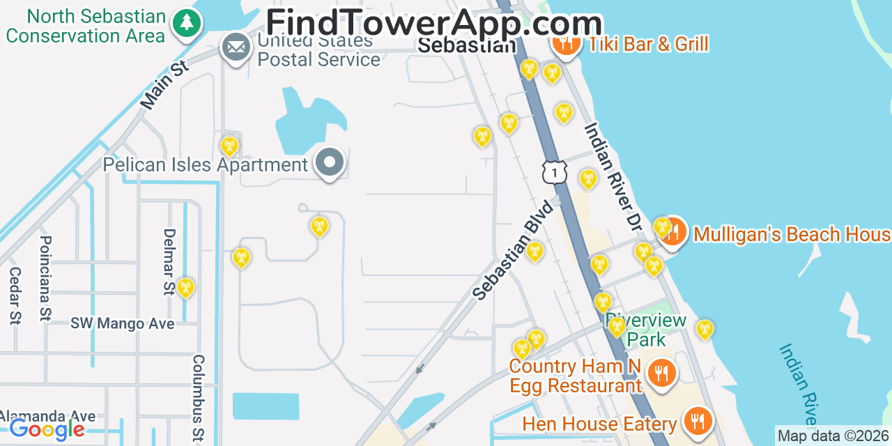 Map showing the 20 primary cell tower locations detected in Sebastian, Florida from AT&T, Verizon, and T-Mobile networks