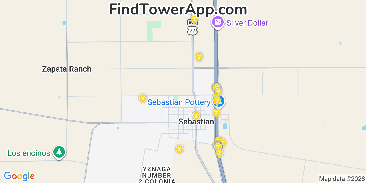 Map showing the 20 primary cell tower locations detected in Sebastian, Texas from AT&T, Verizon, and T-Mobile networks