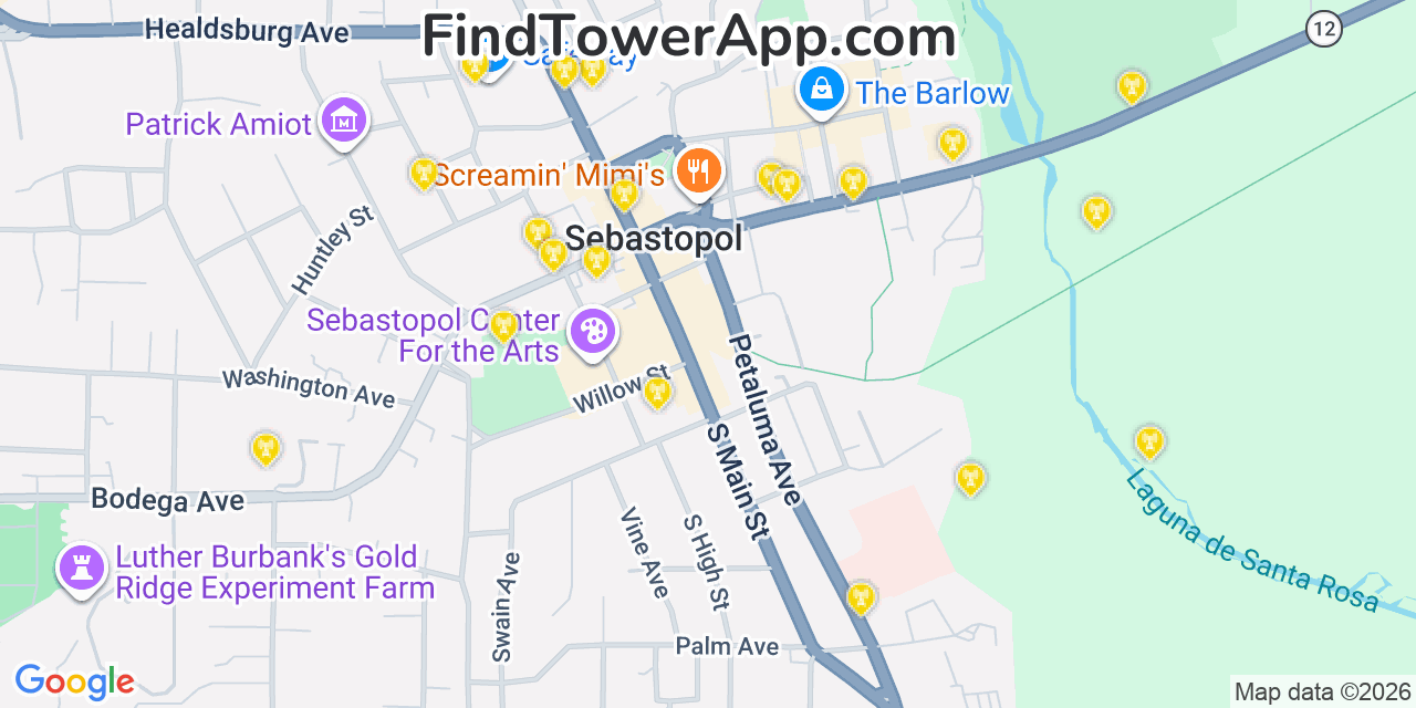 Map showing the 20 primary cell tower locations detected in Sebastopol, California from AT&T, Verizon, and T-Mobile networks