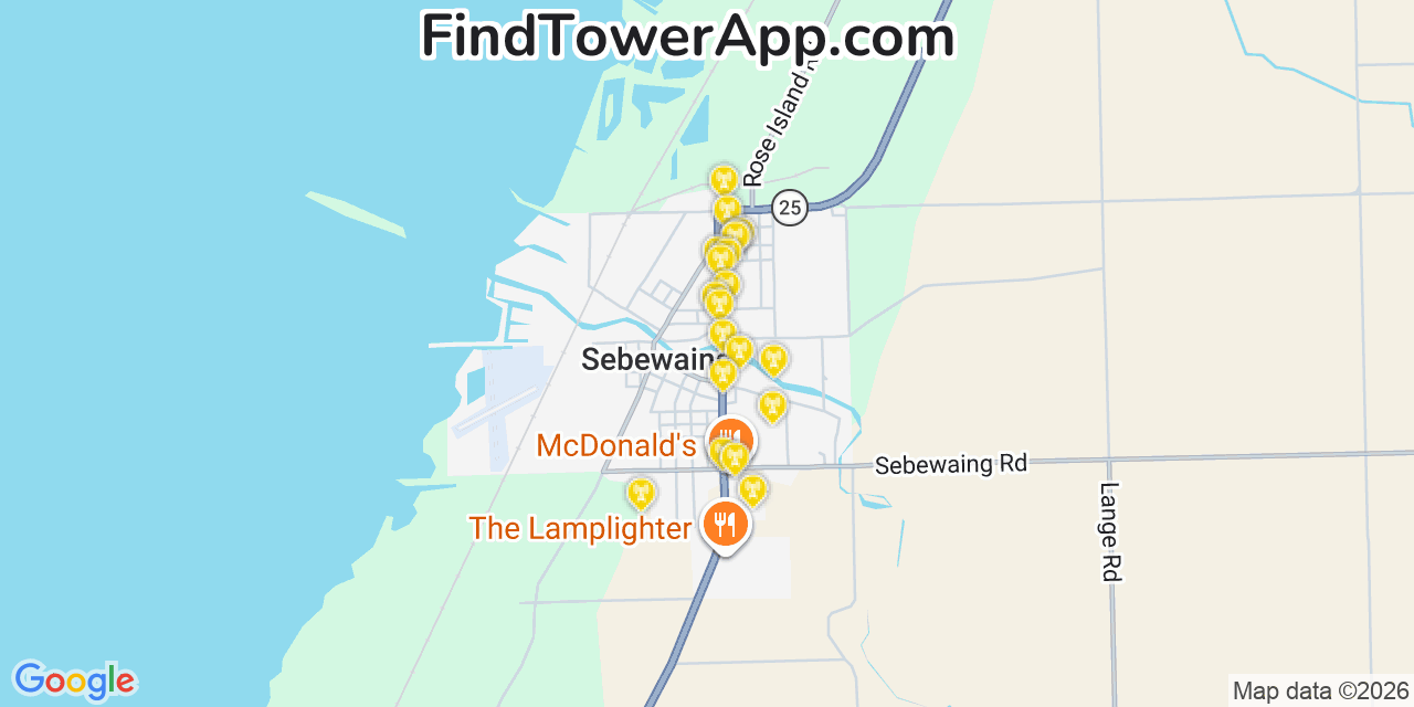 Map showing the 20 primary cell tower locations detected in Sebewaing, Michigan from AT&T, Verizon, and T-Mobile networks