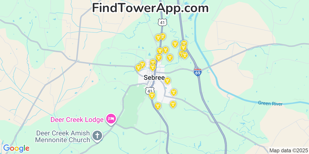 Map showing the 20 primary cell tower locations detected in Sebree, Kentucky from AT&T, Verizon, and T-Mobile networks
