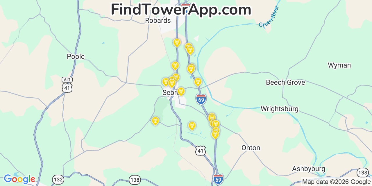 Map showing the 20 primary cell tower locations detected in Sebree, Kentucky from AT&T, Verizon, and T-Mobile networks