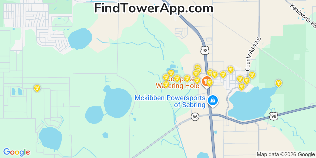 Map showing the 20 primary cell tower locations detected in Sebring, Florida from AT&T, Verizon, and T-Mobile networks