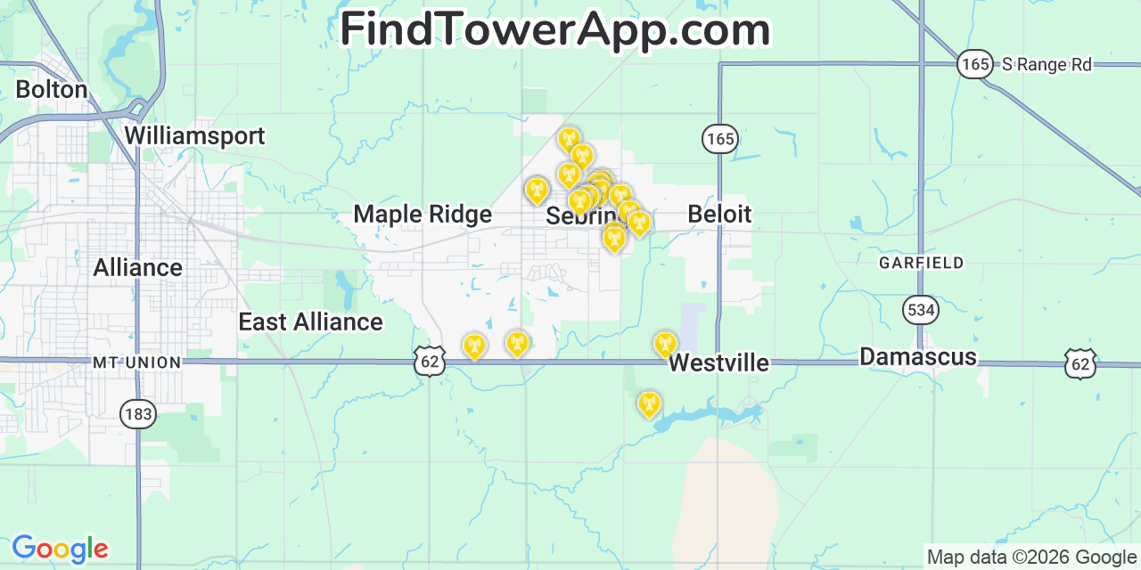 Map showing the 20 primary cell tower locations detected in Sebring, Ohio from AT&T, Verizon, and T-Mobile networks