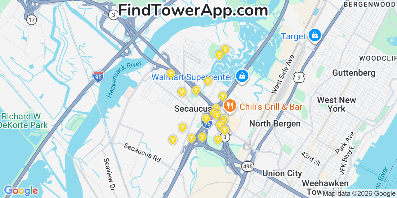 Map showing the 20 primary cell tower locations detected in Secaucus, New Jersey from AT&T, Verizon, and T-Mobile networks