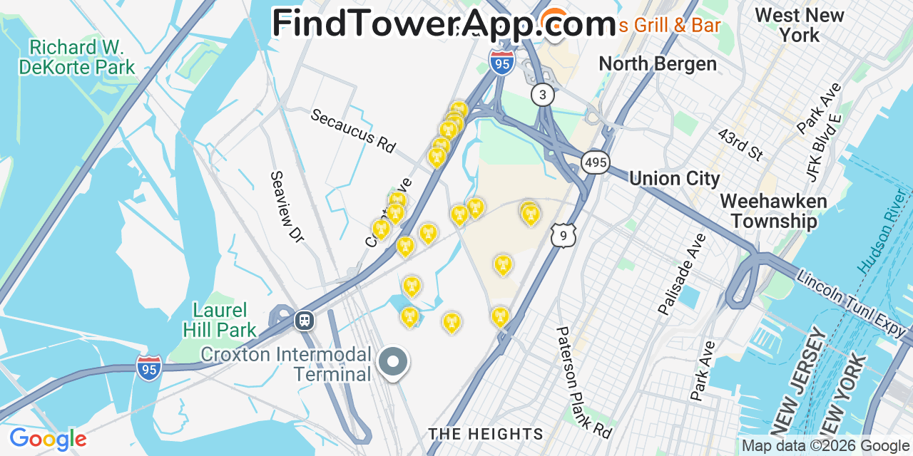 Map showing the 20 primary cell tower locations detected in Secuacus, New Jersey from AT&T, Verizon, and T-Mobile networks
