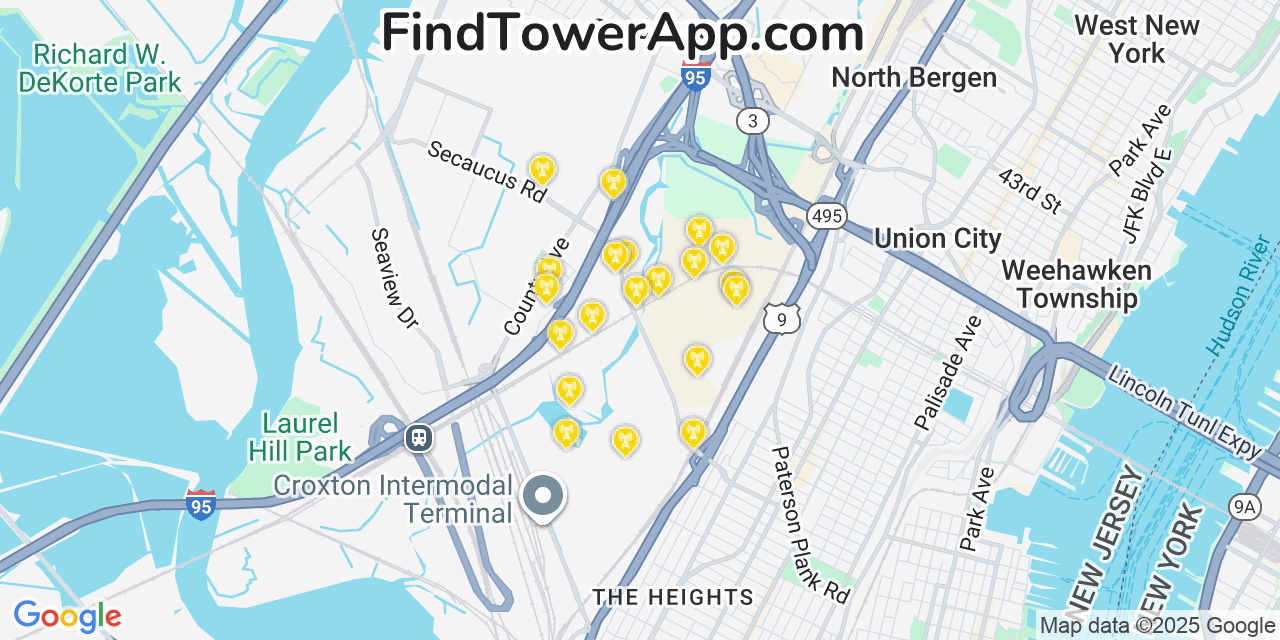 Map showing the 20 primary T-Mobile cell tower locations detected in Secuacus, New Jersey with coverage radius and signal strength indicators