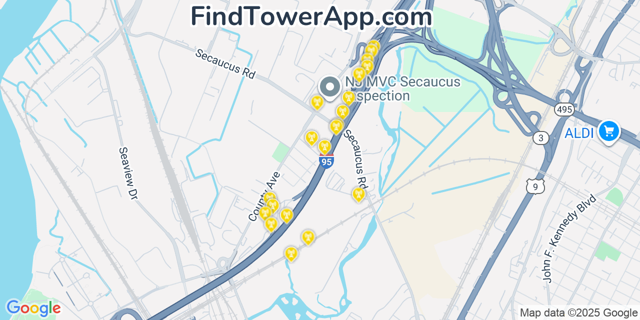 Map showing the 20 primary Verizon cell tower locations detected in Secuacus, New Jersey with coverage radius and signal strength indicators