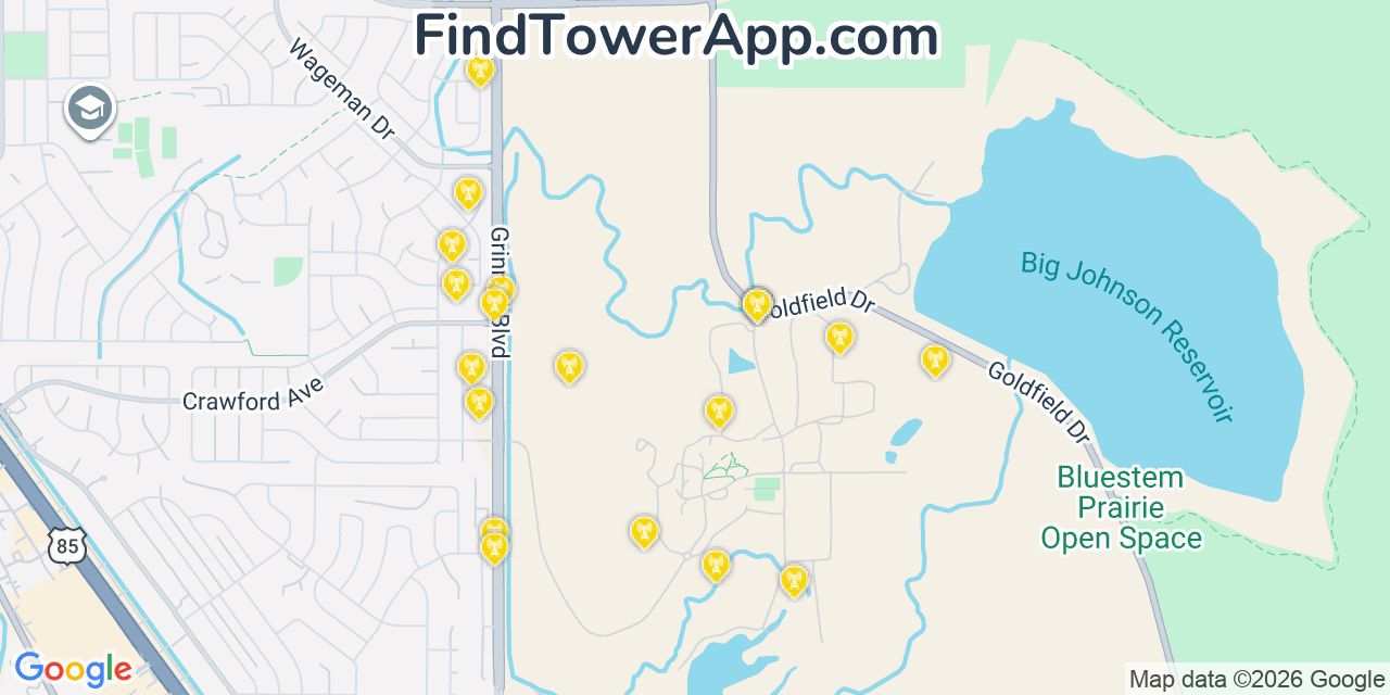Map showing the 20 primary cell tower locations detected in Security Widefield, Colorado from AT&T, Verizon, and T-Mobile networks