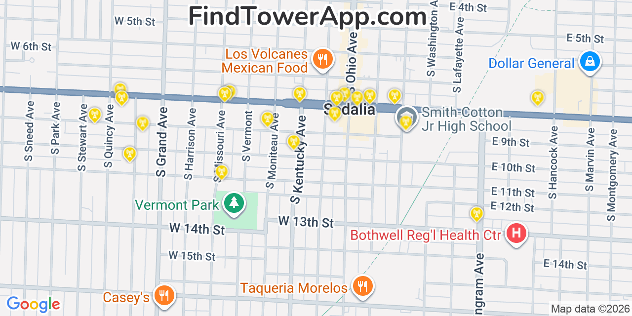 Map showing the 20 primary cell tower locations detected in Sedalia, Missouri from AT&T, Verizon, and T-Mobile networks