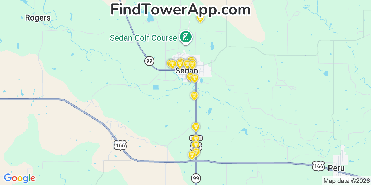 Map showing the 20 primary cell tower locations detected in Sedan, Kansas from AT&T, Verizon, and T-Mobile networks