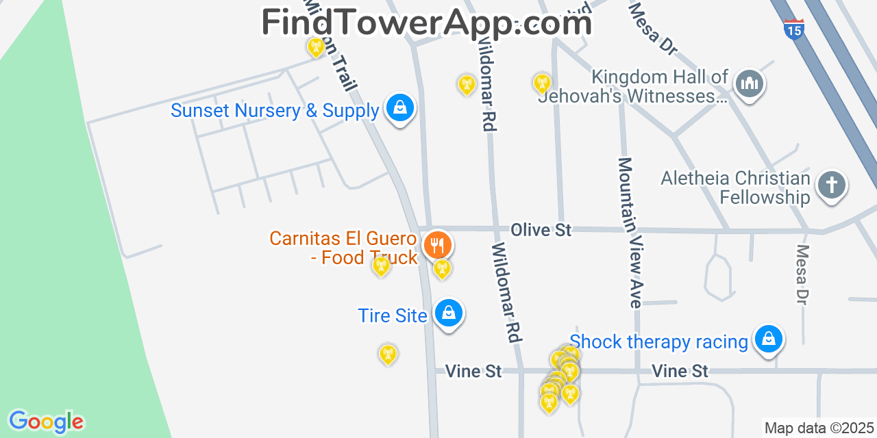 Map showing the 20 primary cell tower locations detected in Sedco Hills, California from AT&T, Verizon, and T-Mobile networks