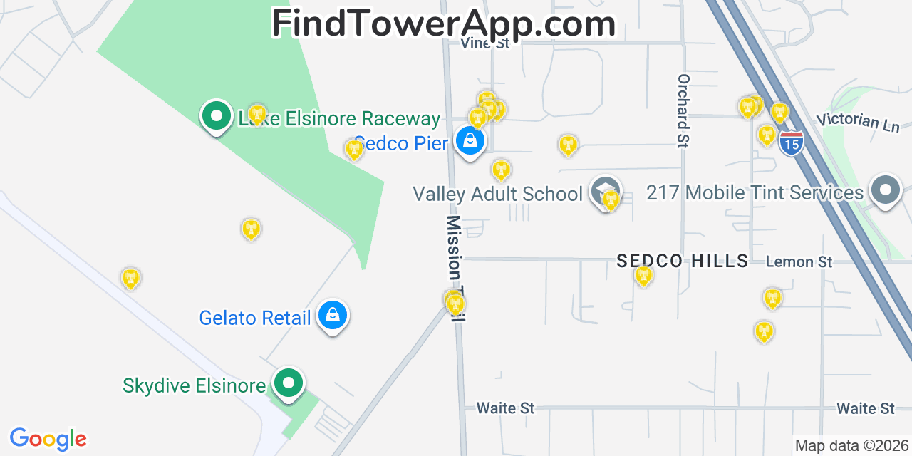 Map showing the 20 primary cell tower locations detected in Sedco Hills, California from AT&T, Verizon, and T-Mobile networks