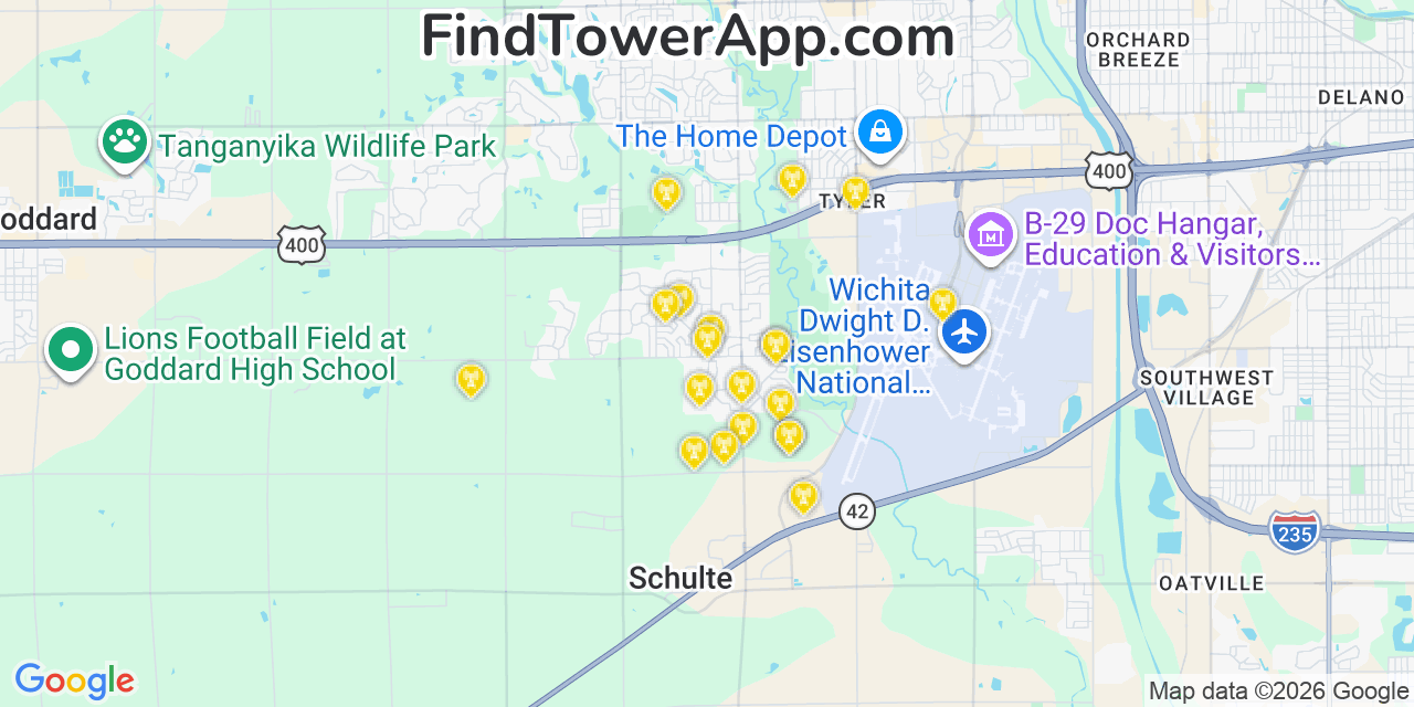 Map showing the 20 primary cell tower locations detected in Sedgwick, Kansas from AT&T, Verizon, and T-Mobile networks