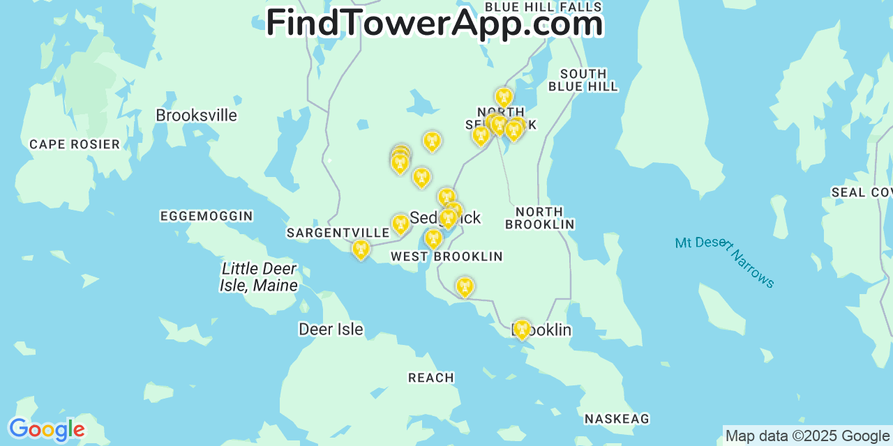 Map showing the 20 primary cell tower locations detected in Sedgwick, Maine from AT&T, Verizon, and T-Mobile networks