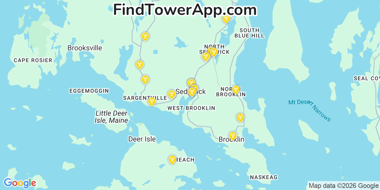 Map showing the 20 primary cell tower locations detected in Sedgwick, Maine from AT&T, Verizon, and T-Mobile networks