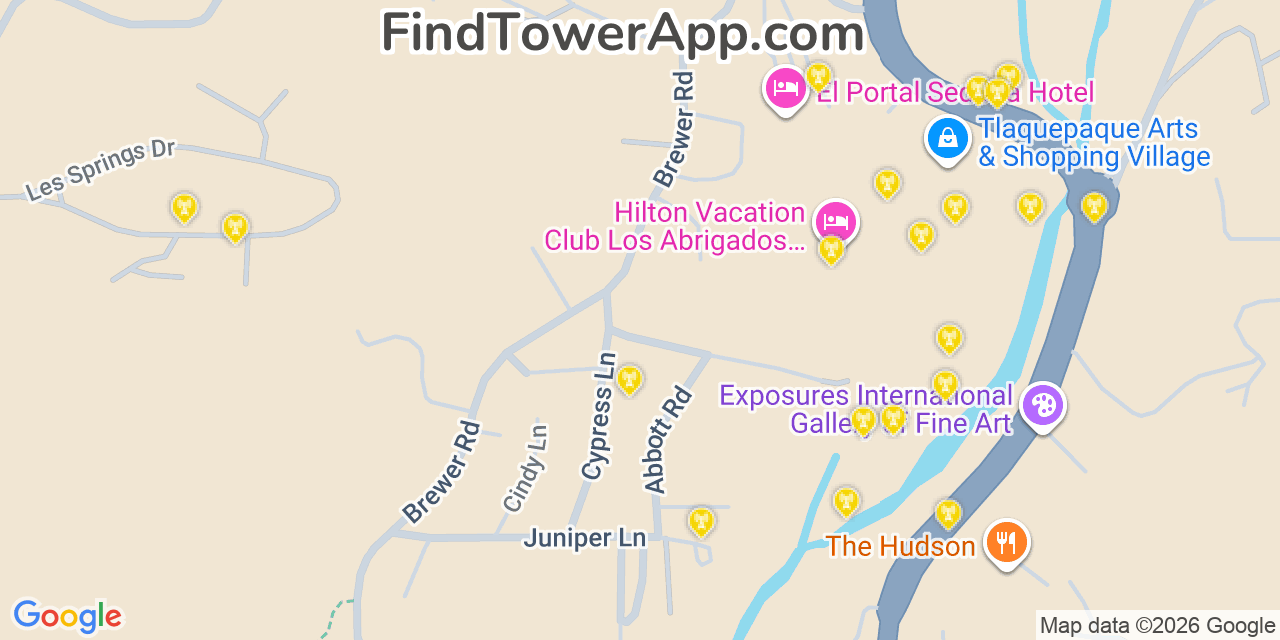 Map showing the 20 primary cell tower locations detected in Sedona, Arizona from AT&T, Verizon, and T-Mobile networks