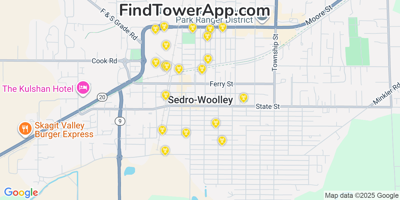 Map showing the 20 primary cell tower locations detected in Sedro-Woolley, Washington from AT&T, Verizon, and T-Mobile networks