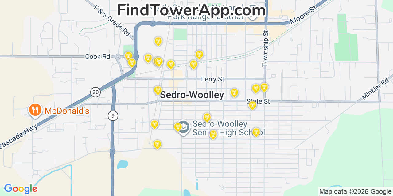 Map showing the 20 primary cell tower locations detected in Sedro Woolley, Washington from AT&T, Verizon, and T-Mobile networks