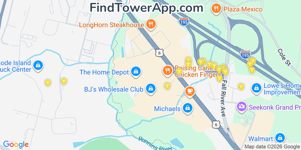Map showing the 20 primary cell tower locations detected in Seekonk, Massachusetts from AT&T, Verizon, and T-Mobile networks