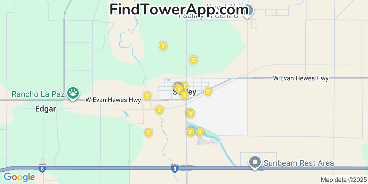 Map showing the 20 primary cell tower locations detected in Seeley, California from AT&T, Verizon, and T-Mobile networks