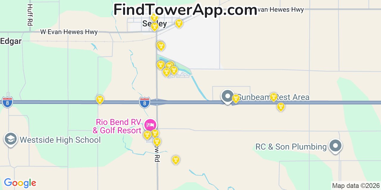 Map showing the 20 primary cell tower locations detected in Seeley, California from AT&T, Verizon, and T-Mobile networks