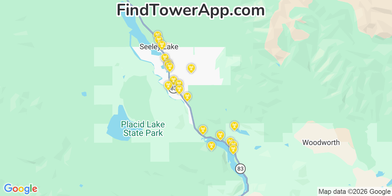 Map showing the 20 primary cell tower locations detected in Seeley Lake, Montana from AT&T, Verizon, and T-Mobile networks