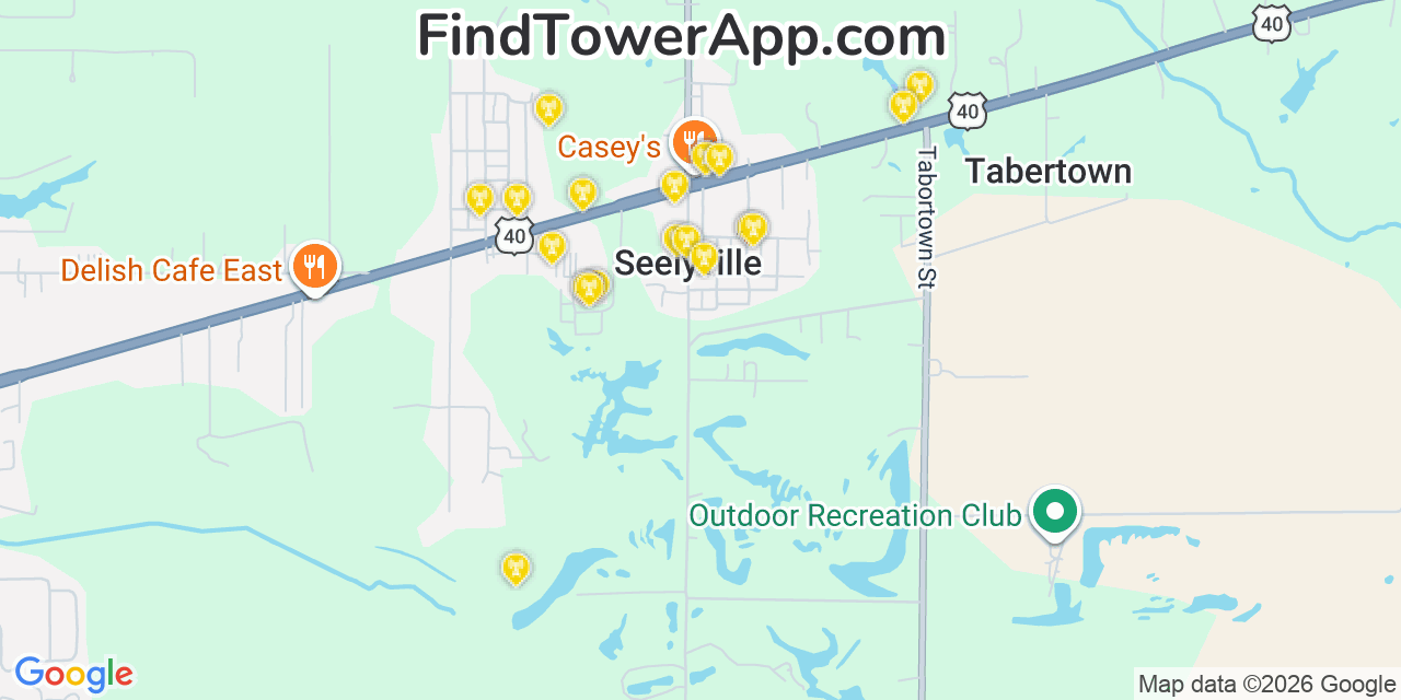 Map showing the 20 primary cell tower locations detected in Seelyville, Indiana from AT&T, Verizon, and T-Mobile networks