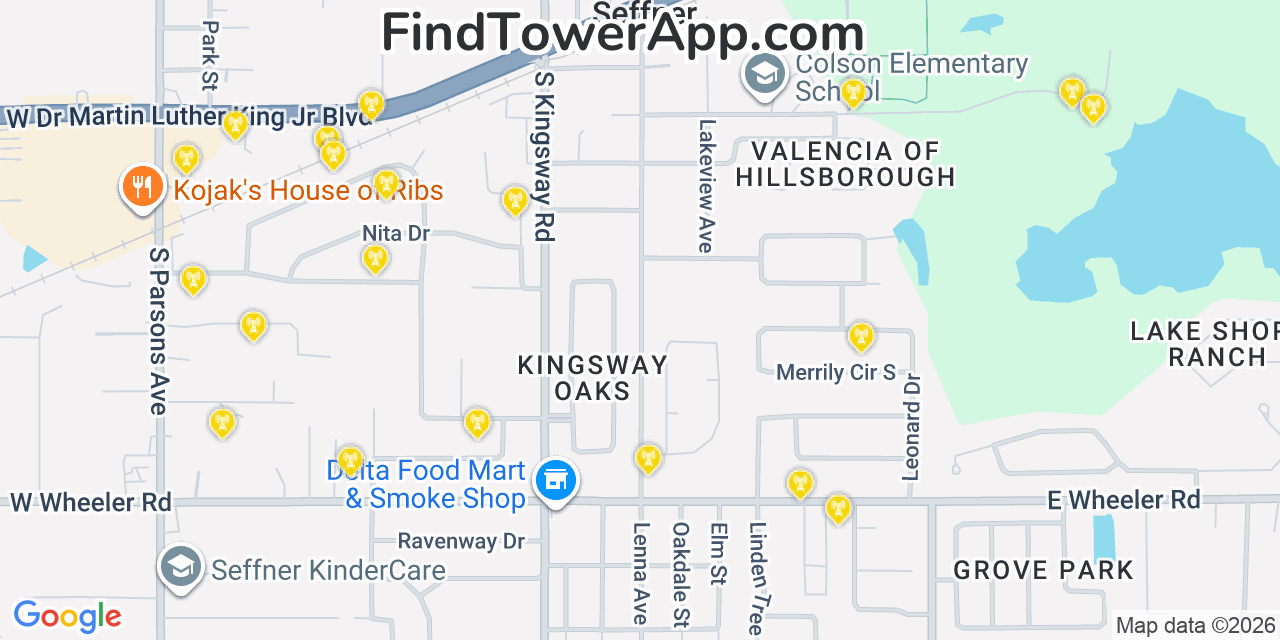 Map showing the 20 primary cell tower locations detected in Seffner, Florida from AT&T, Verizon, and T-Mobile networks