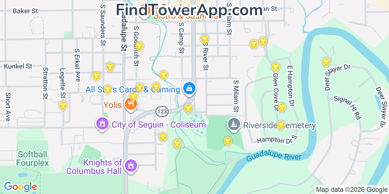 Map showing the 20 primary cell tower locations detected in Seguin, Texas from AT&T, Verizon, and T-Mobile networks
