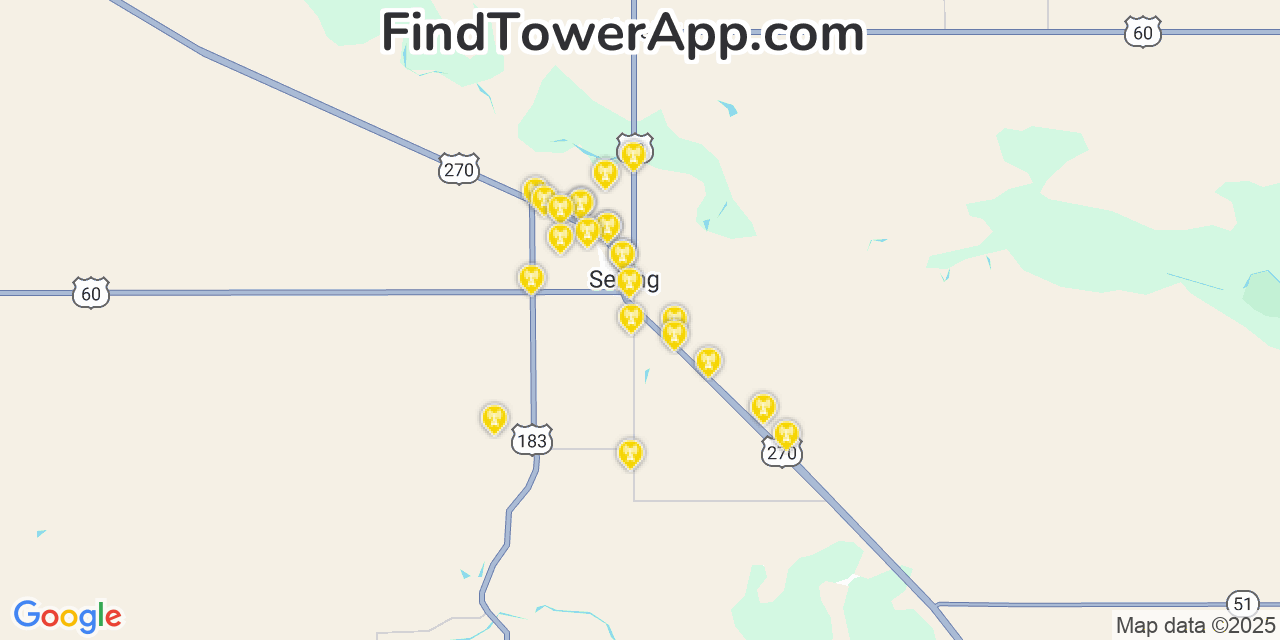 Map showing the 23 primary AT&T cell tower locations detected in Seiling, Oklahoma with coverage radius and signal strength indicators