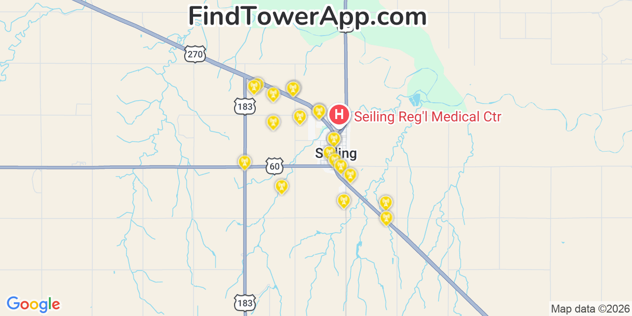 Map showing the 20 primary cell tower locations detected in Seiling, Oklahoma from AT&T, Verizon, and T-Mobile networks