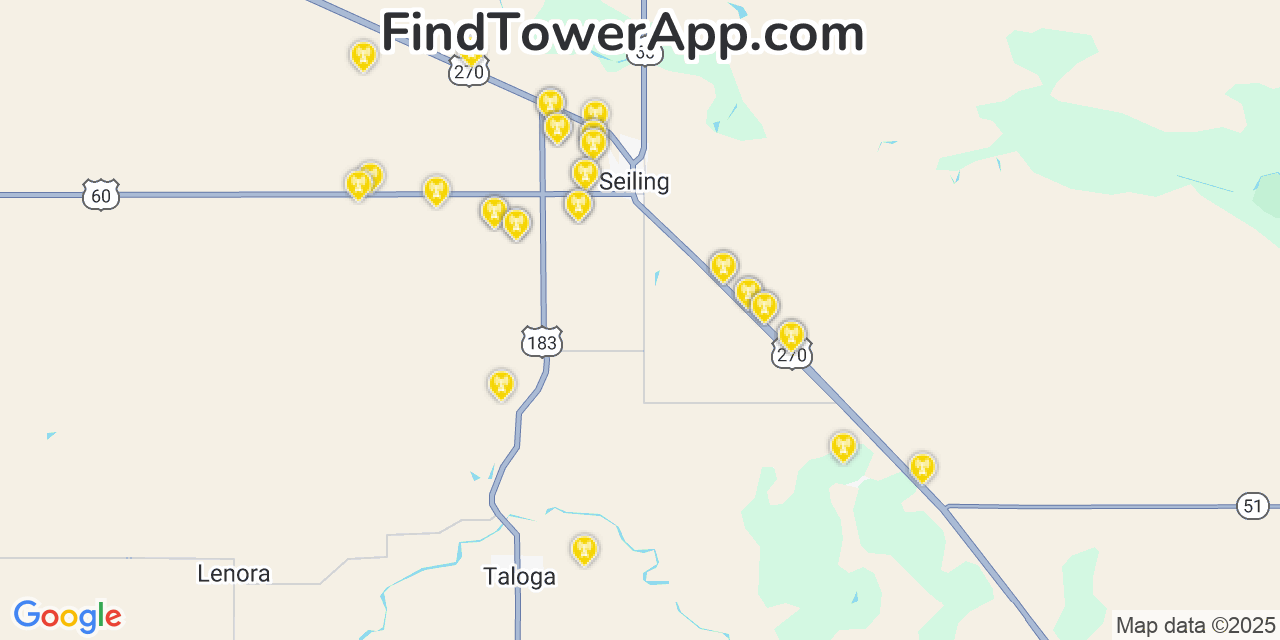 Map showing the 34 primary T-Mobile cell tower locations detected in Seiling, Oklahoma with coverage radius and signal strength indicators