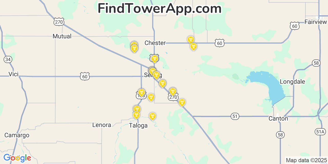 Map showing the 28 primary Verizon cell tower locations detected in Seiling, Oklahoma with coverage radius and signal strength indicators