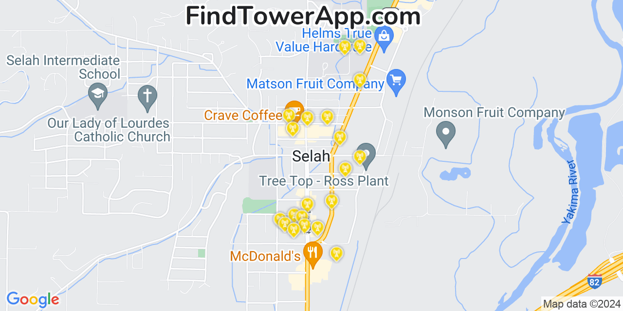 AT&T 4G/5G cell tower coverage map Selah, Washington