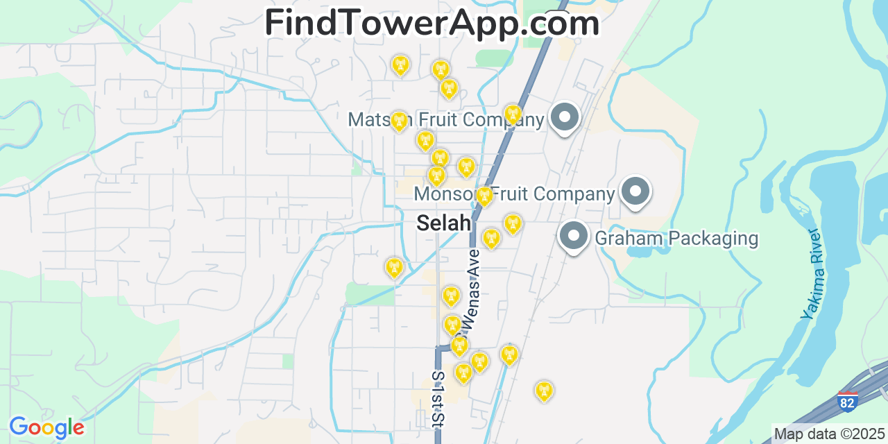Map showing the 20 primary cell tower locations detected in Selah, Washington from AT&T, Verizon, and T-Mobile networks