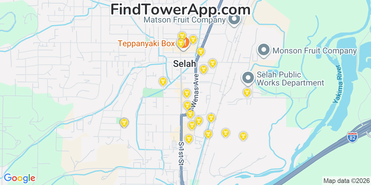 Map showing the 20 primary cell tower locations detected in Selah, Washington from AT&T, Verizon, and T-Mobile networks