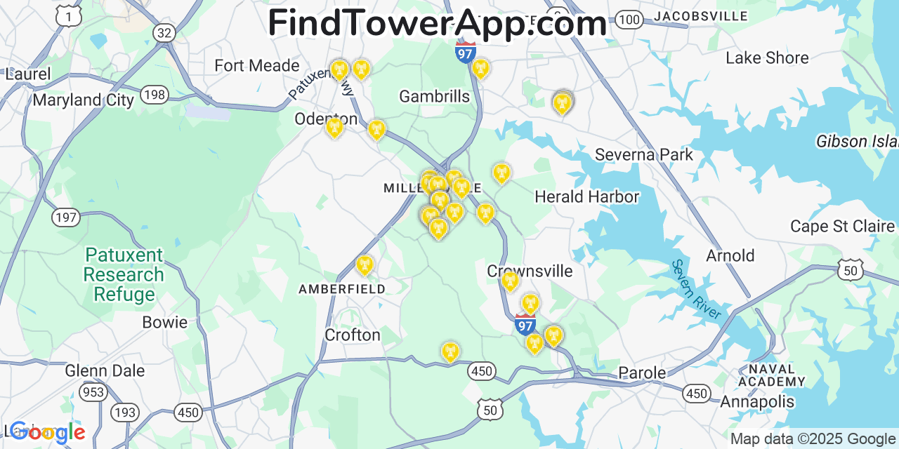 Map showing the 34 primary AT&T cell tower locations detected in Selby On The Bay, Maryland with coverage radius and signal strength indicators