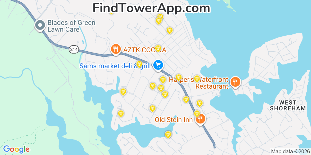 Map showing the 20 primary cell tower locations detected in Selby On The Bay, Maryland from AT&T, Verizon, and T-Mobile networks