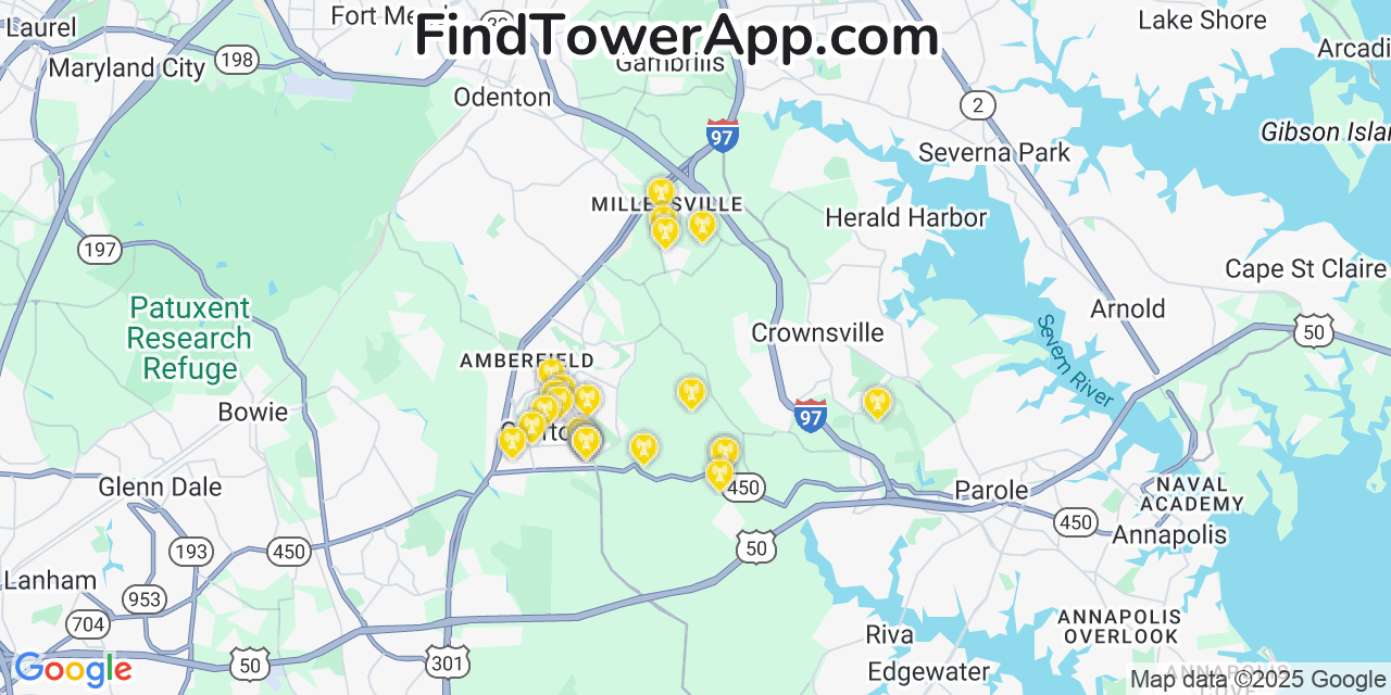 Map showing the 24 primary T-Mobile cell tower locations detected in Selby On The Bay, Maryland with coverage radius and signal strength indicators