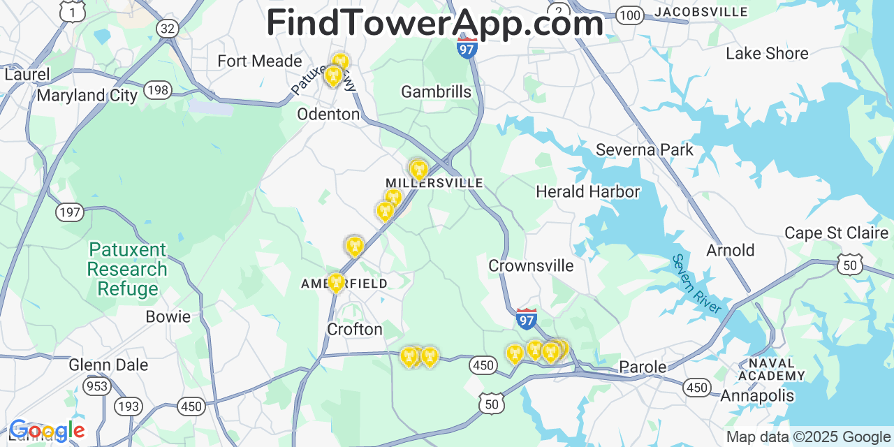 Map showing the 20 primary Verizon cell tower locations detected in Selby On The Bay, Maryland with coverage radius and signal strength indicators