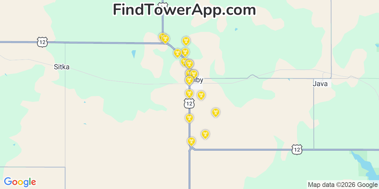 Map showing the 20 primary cell tower locations detected in Selby, South Dakota from AT&T, Verizon, and T-Mobile networks