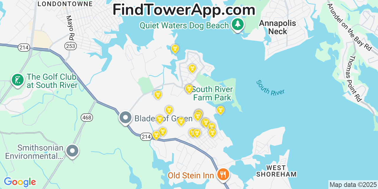 Map showing the 20 primary cell tower locations detected in Selby-on-the-Bay, Maryland from AT&T, Verizon, and T-Mobile networks