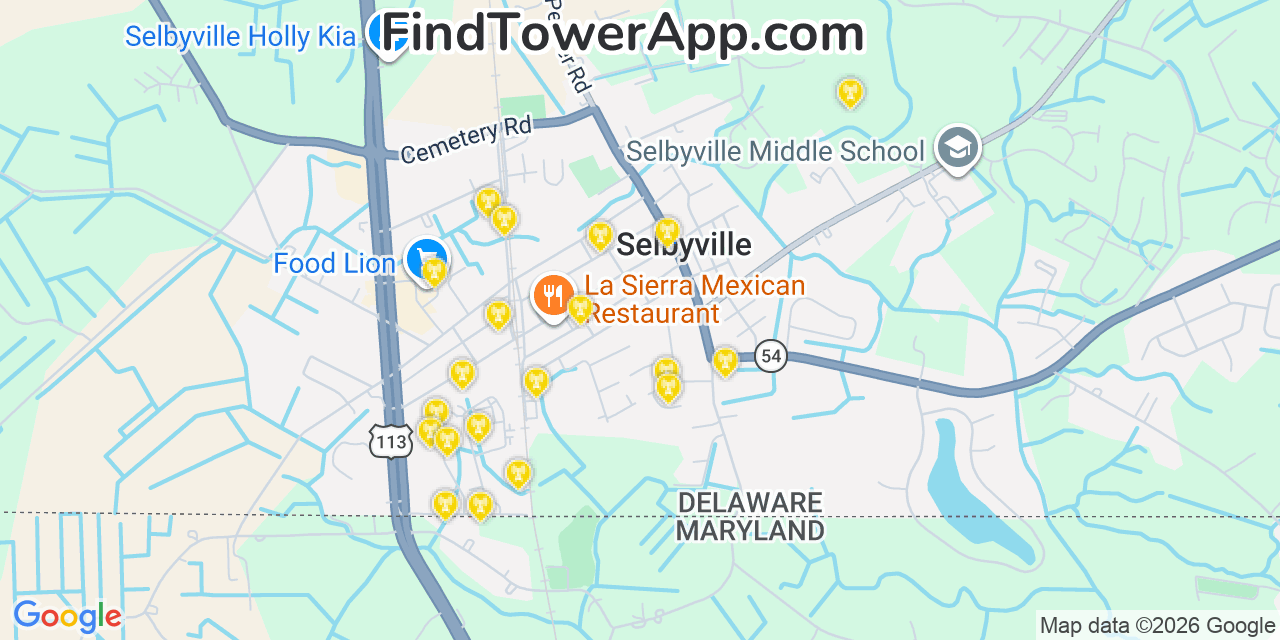 Map showing the 20 primary cell tower locations detected in Selbyville, Delaware from AT&T, Verizon, and T-Mobile networks