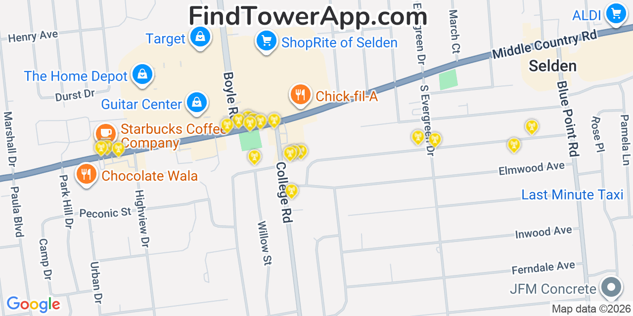Map showing the 20 primary cell tower locations detected in Selden, New York from AT&T, Verizon, and T-Mobile networks