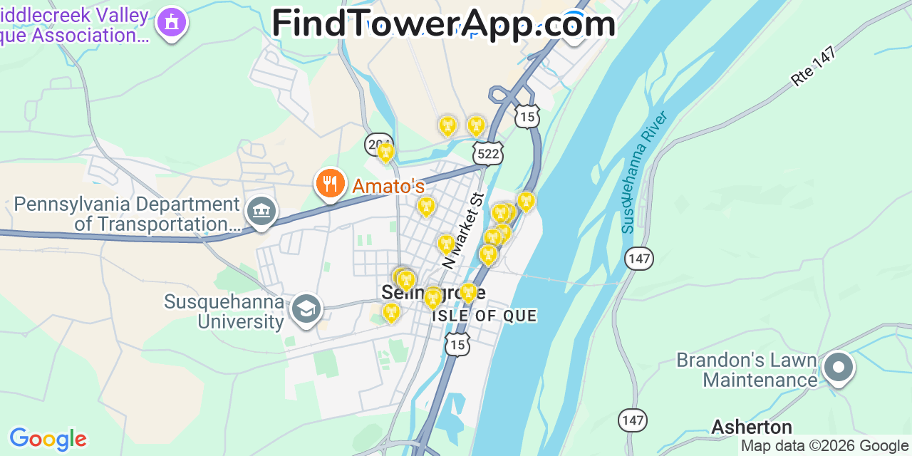 Map showing the 20 primary cell tower locations detected in Selinsgrove, Pennsylvania from AT&T, Verizon, and T-Mobile networks